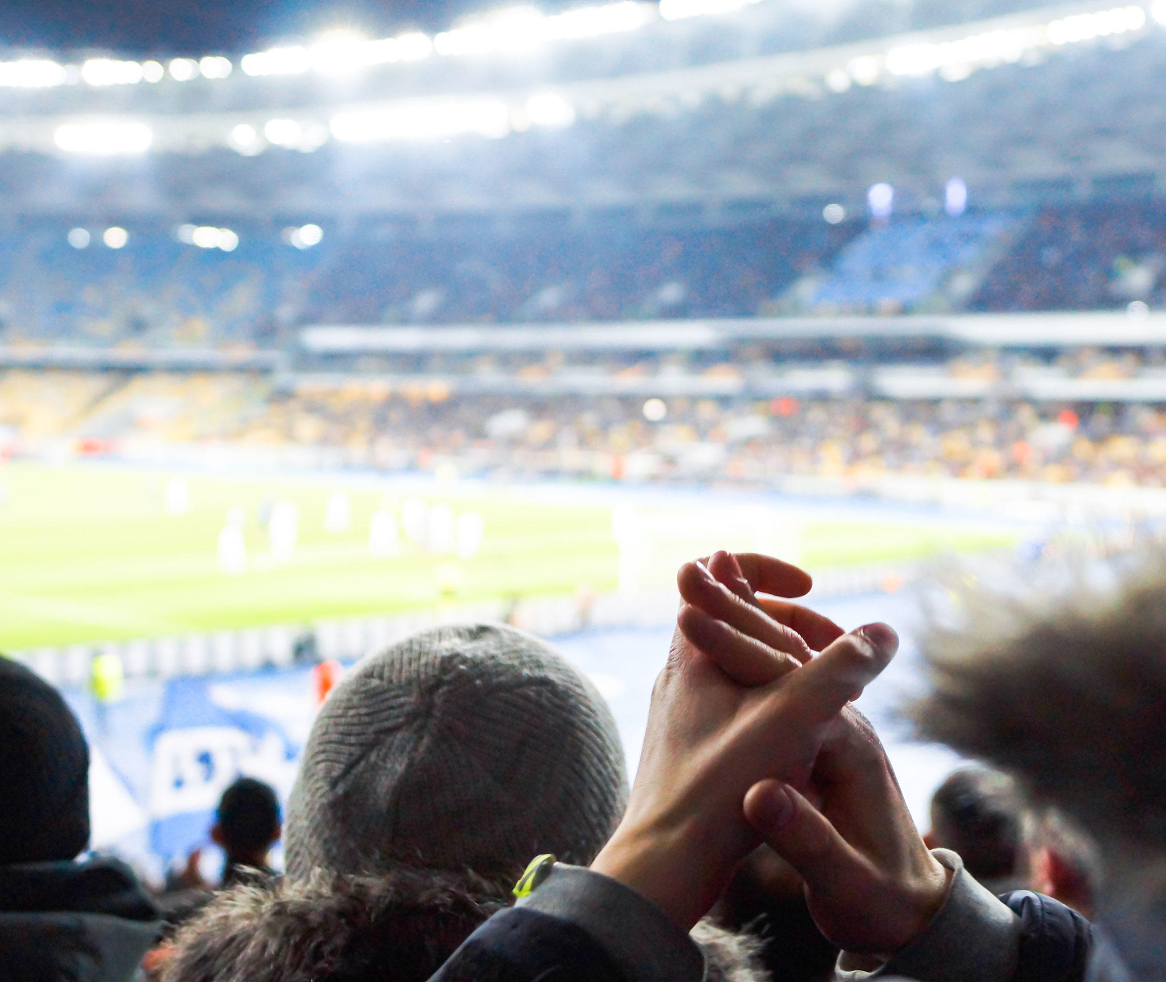 Fussballstadion mit Fans und Blick auf den Rasen.